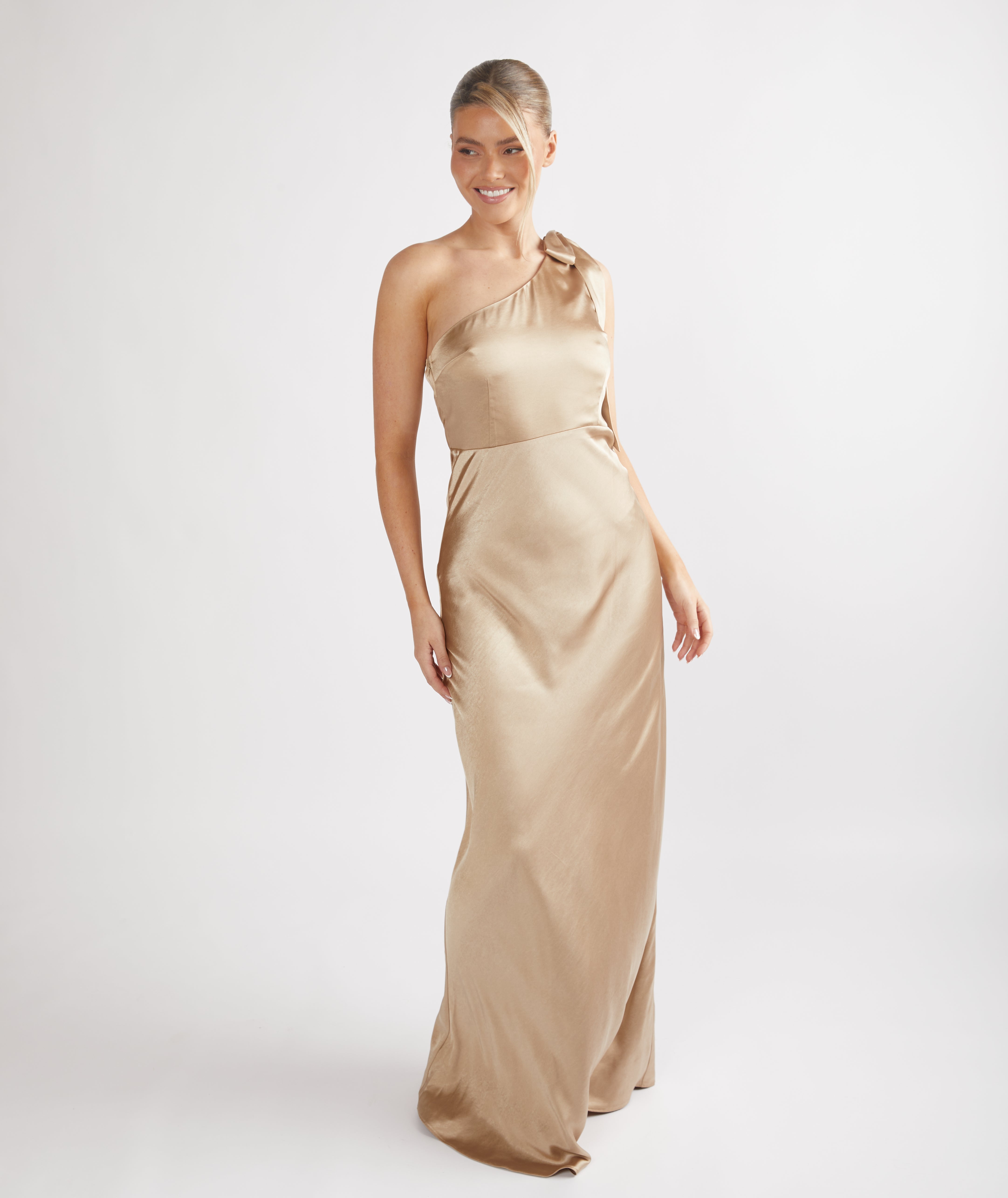 Bow One Shoulder Satin Bridesmaid Dress Champagne Six Stories