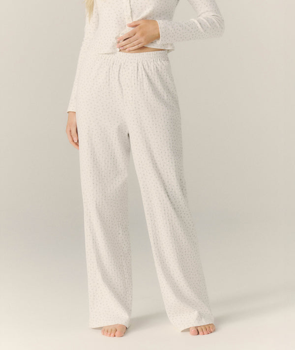 Pointelle Wide Leg Floral Pyjama Trousers - White