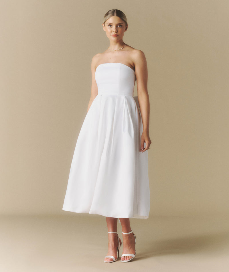 Strapless Bow Back Pleated Midi Dress - White