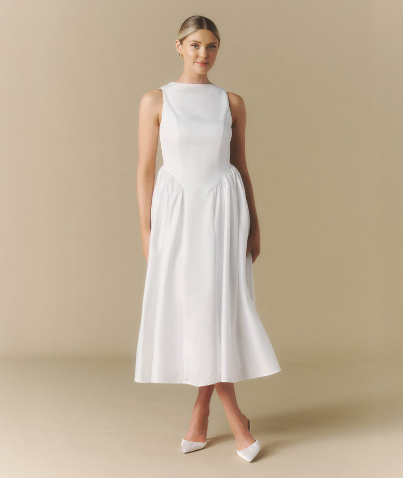 Penelope Bow Back Dropped Waist Midi Dress - White