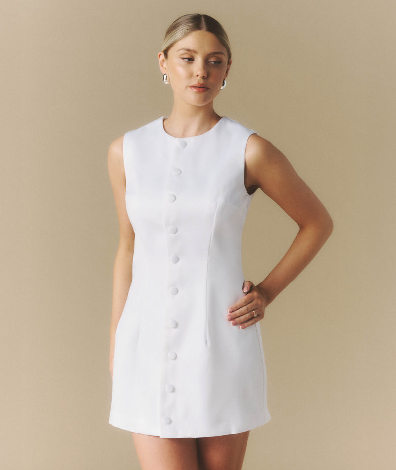 Button Through Satin Tailored Mini Dress - White