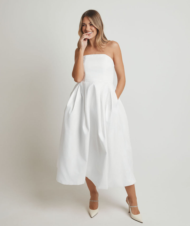 Bandeau Bow Back Pleated Midi Dress - White