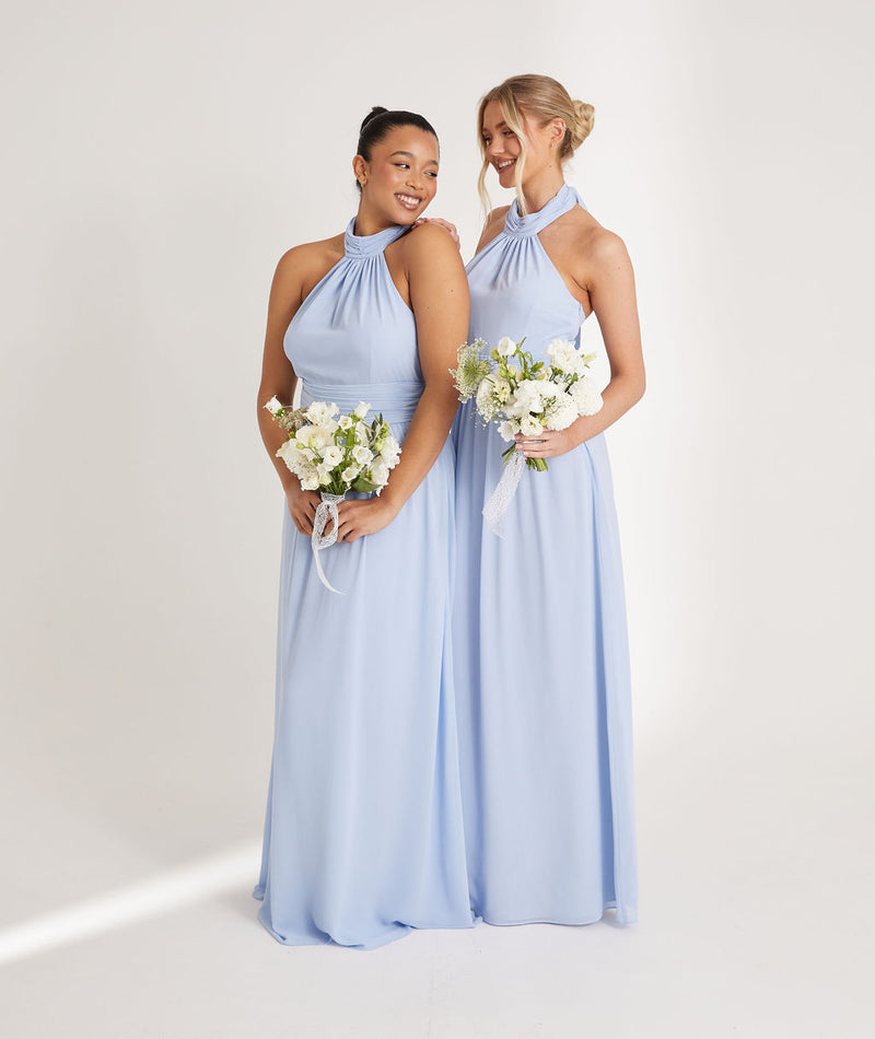 Halter Neck Pleated Waist Chiffon Bridesmaid Dress - Cornflower Blue