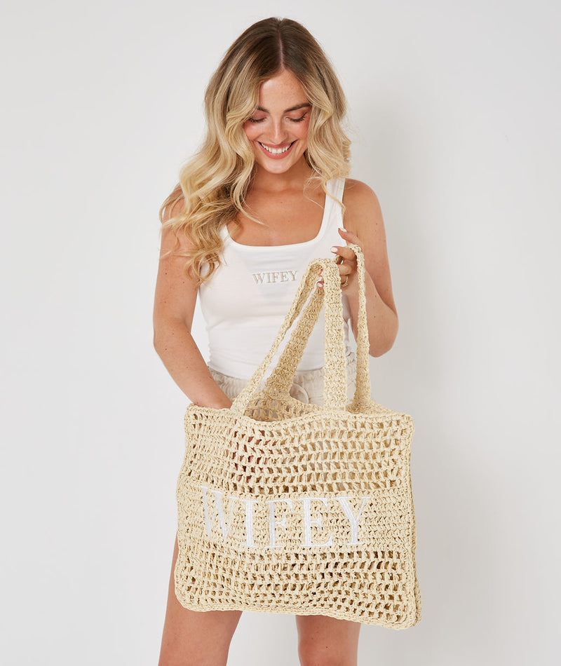 Wifey Statement Straw Tote Bag - Natural | Six Stories