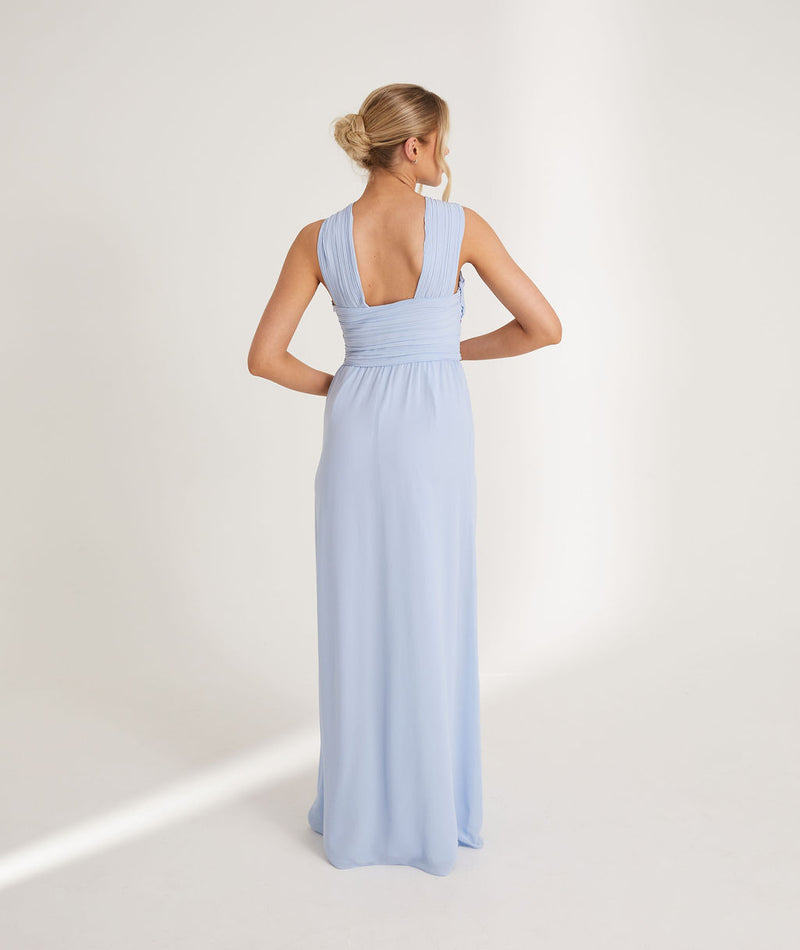 Cross Neck Pleated Waist Chiffon Bridesmaid Dress - Cornflower Blue