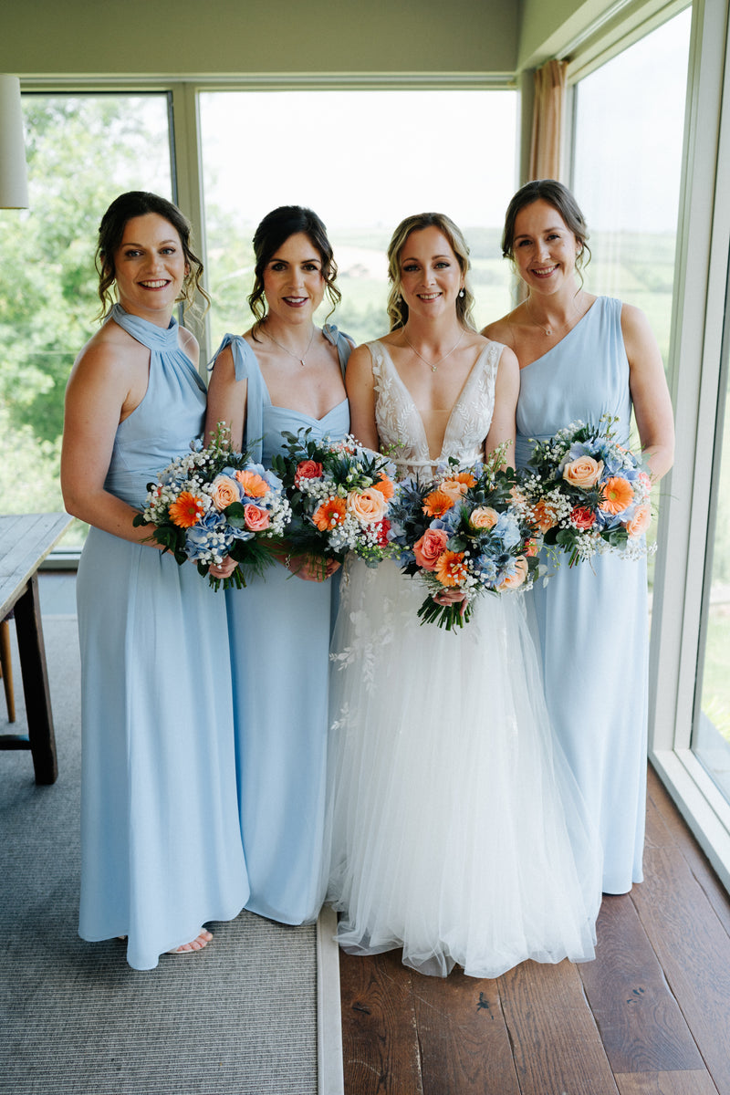 One Shoulder Pleated Waist Chiffon Bridesmaid Dress - Cornflower Blue