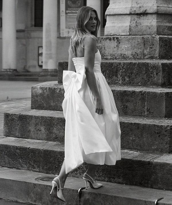 Strapless Bow Back Pleated Midi Dress - White