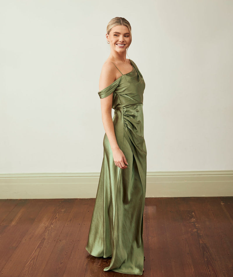 Asymmetrical Bardot Strap Satin Bridesmaid Dress - Moss Green