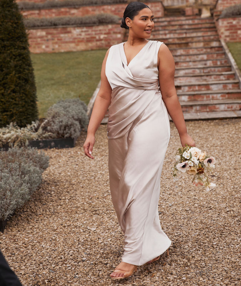 Plunge Drape Detail Satin Bridesmaid Dress - Oyster