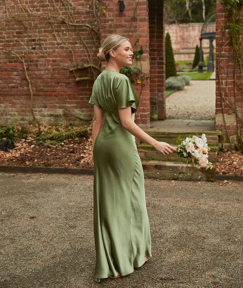 Plunge Batwing Satin Bridesmaid Dress - Moss Green