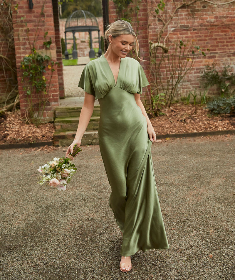 Plunge Batwing Satin Bridesmaid Dress - Moss Green