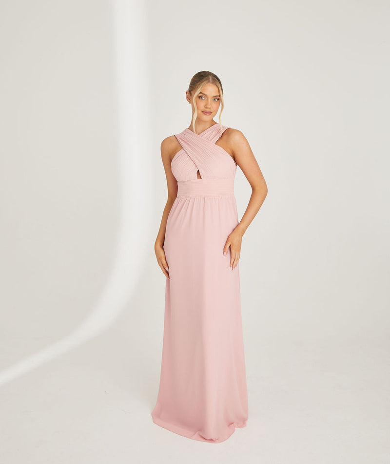 Cross Neck Pleated Waist Chiffon Bridesmaid Dress - Peony Pink