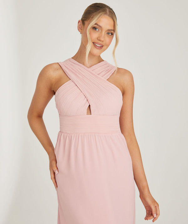 Cross Neck Pleated Waist Chiffon Bridesmaid Dress - Peony Pink