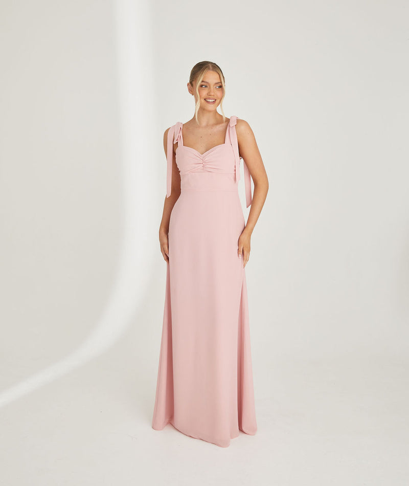 Bow Tie Shoulder Chiffon Bridesmaid Dress - Peony Pink