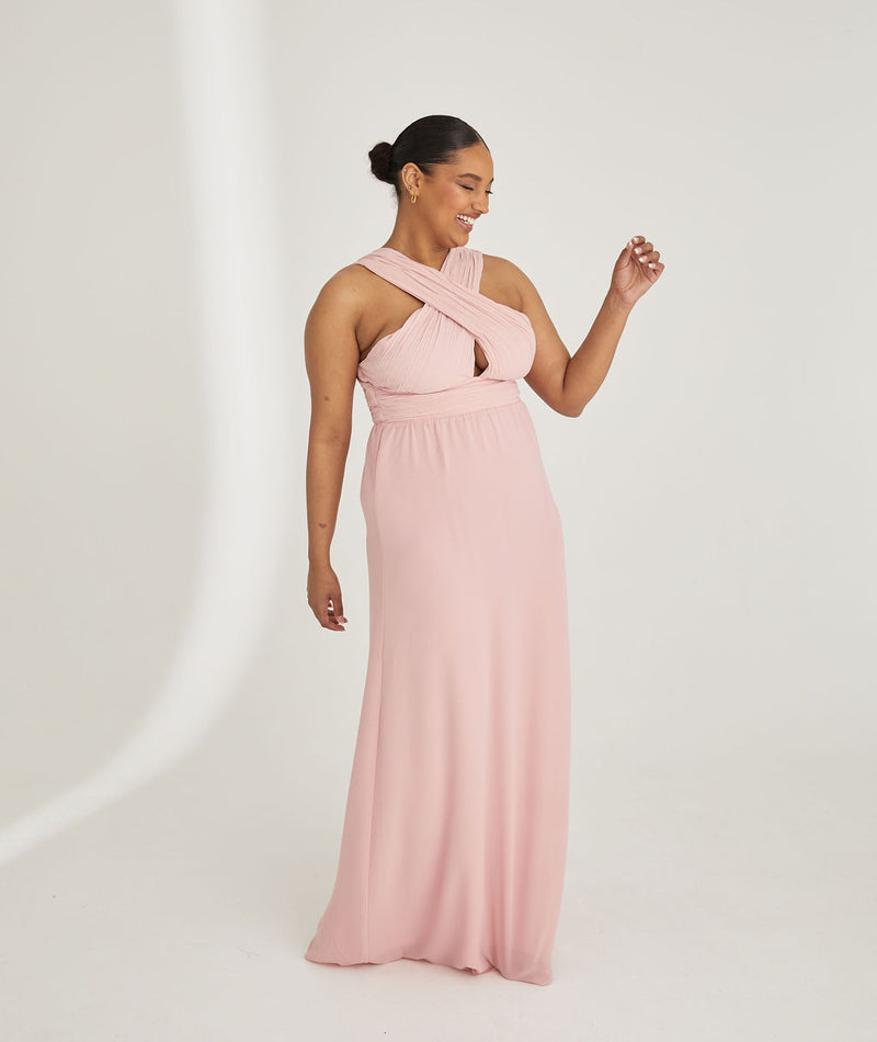 Cross Neck Pleated Waist Chiffon Bridesmaid Dress - Peony Pink