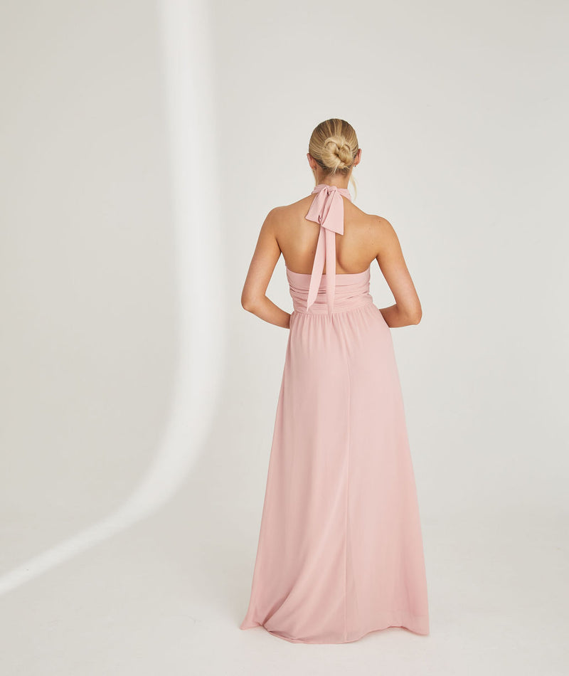 Halter Neck Pleated Waist Chiffon Bridesmaid Dress - Peony Pink