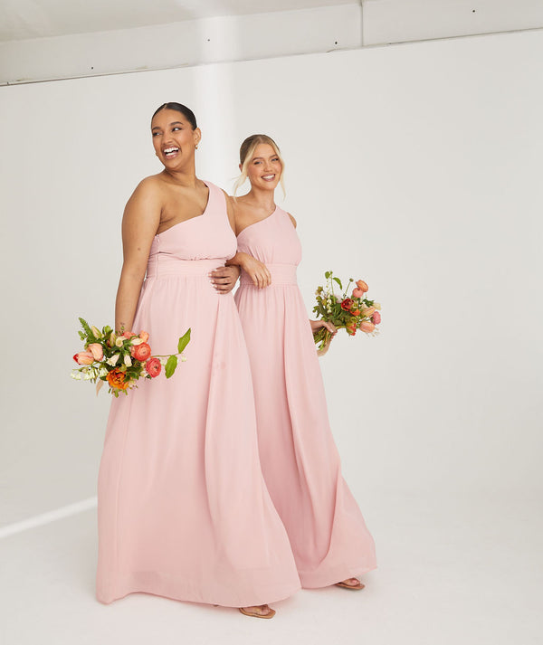 One Shoulder Pleated Waist Chiffon Bridesmaid Dress - Peony Pink