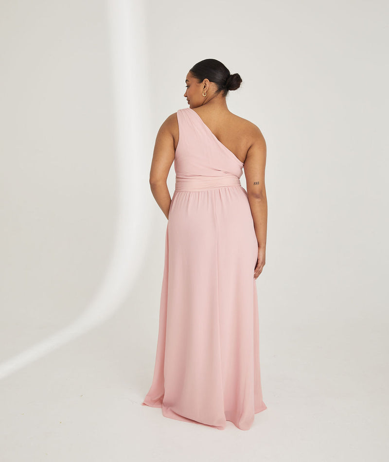 One Shoulder Pleated Waist Chiffon Bridesmaid Dress - Peony Pink