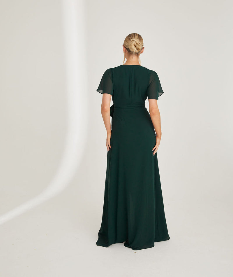 Flutter Sleeve Wrap Tie Chiffon Bridesmaid Dress - Emerald