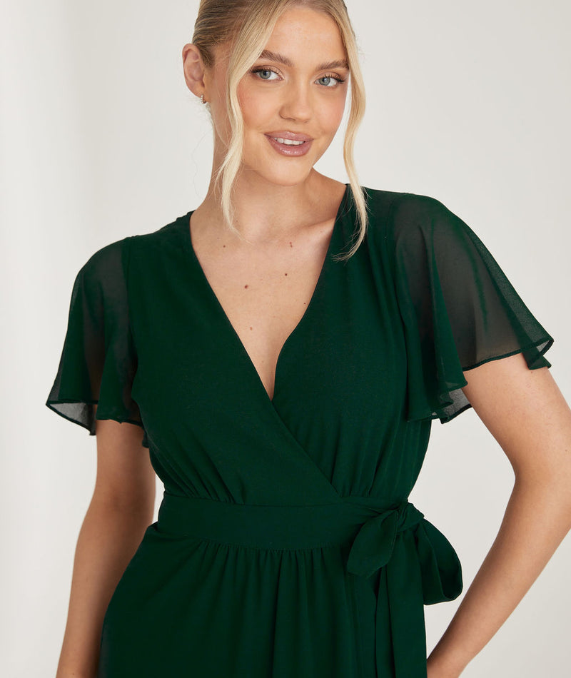 Flutter Sleeve Wrap Tie Chiffon Bridesmaid Dress - Emerald