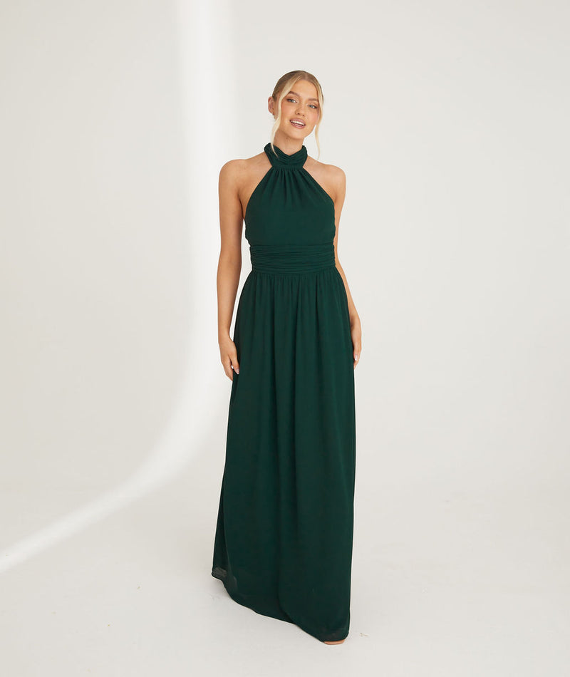 Halter Neck Pleated Waist Chiffon Bridesmaid Dress - Emerald
