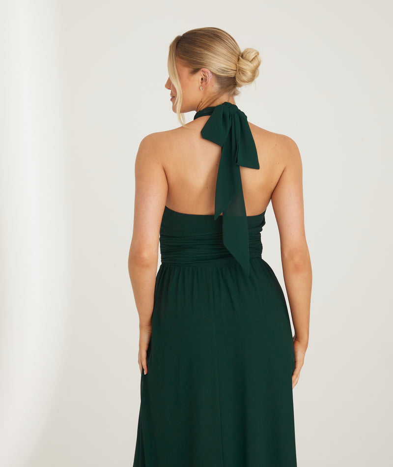 Halter Neck Pleated Waist Chiffon Bridesmaid Dress - Emerald