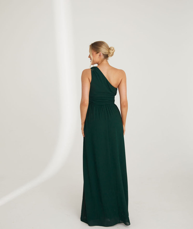 One Shoulder Pleated Waist Chiffon Bridesmaid Dress - Emerald