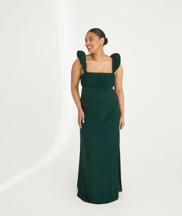 Pleated Statement Shoulder Chiffon Bridesmaid Dress - Emerald