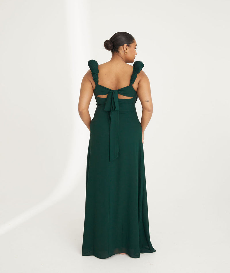 Pleated Statement Shoulder Chiffon Bridesmaid Dress - Emerald