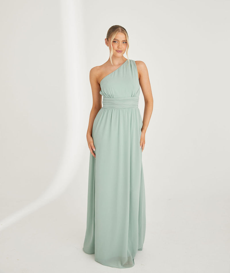 One Shoulder Pleated Waist Chiffon Bridesmaid Dress - Sage