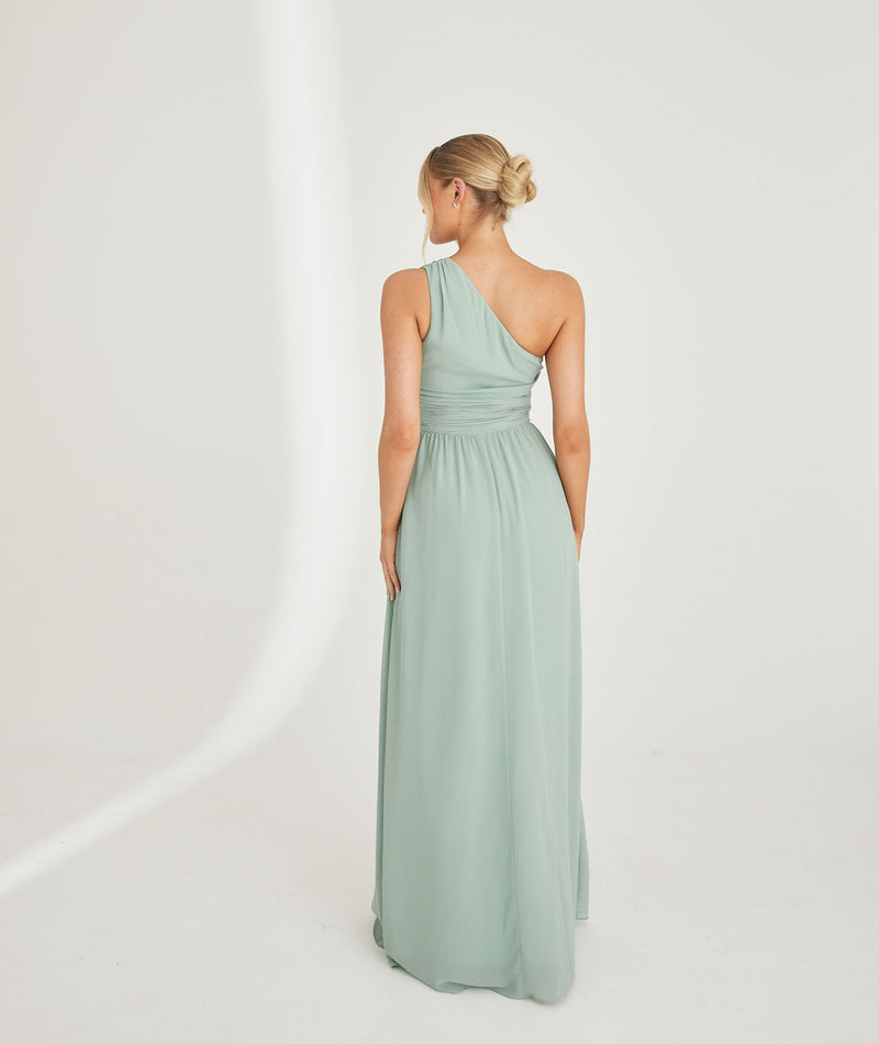 One Shoulder Pleated Waist Chiffon Bridesmaid Dress - Sage