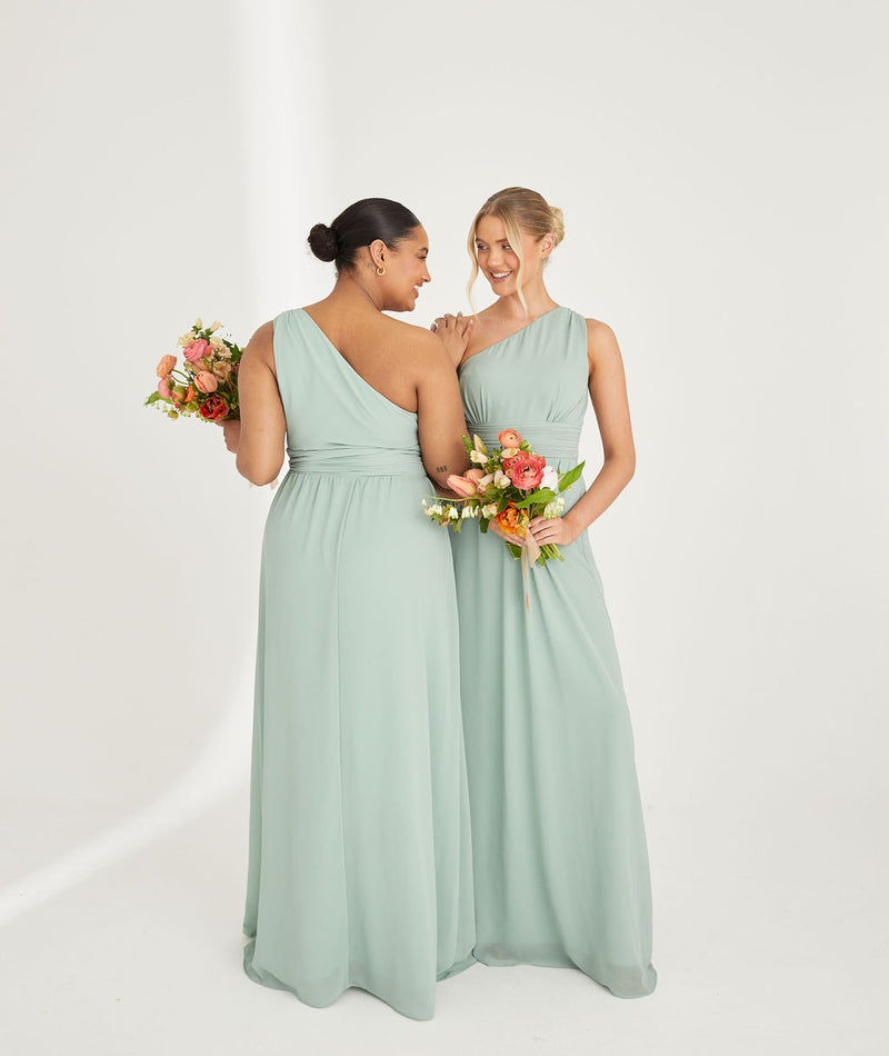 One Shoulder Pleated Waist Chiffon Bridesmaid Dress Sage