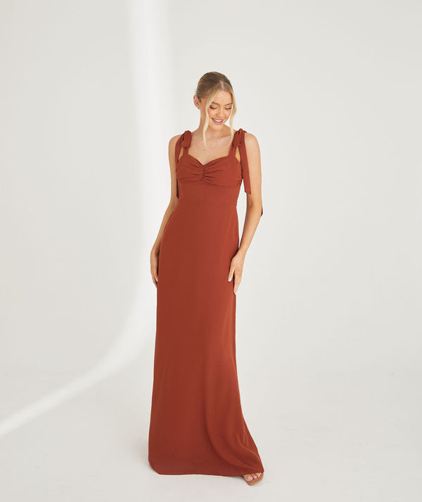 Bow Tie Shoulder Chiffon Bridesmaid Dress - Rust