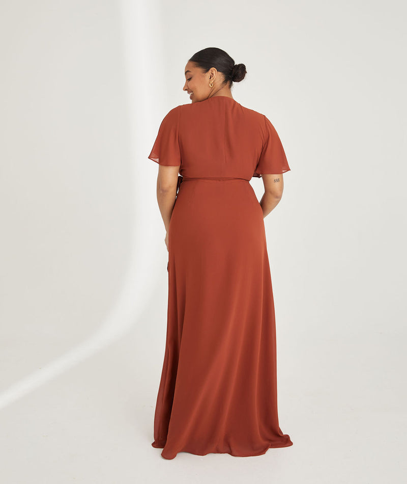 Flutter Sleeve Wrap Tie Chiffon Bridesmaid Dress - Rust