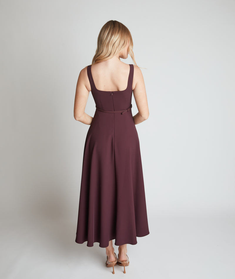 Square Neck Belted Midi Dress - Burgundy