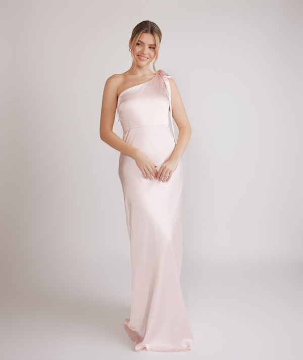 Bow One Shoulder Satin Bridesmaid Dress - Pale Pink