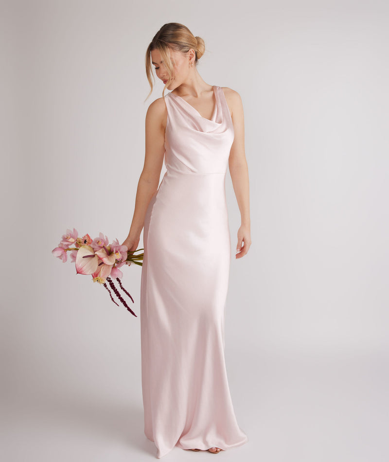 Cowl Front Satin Bridesmaid Dress - Pale Pink