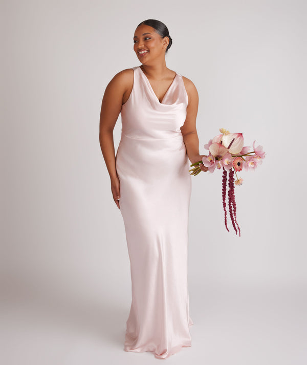 Cowl Front Satin Bridesmaid Dress - Pale Pink