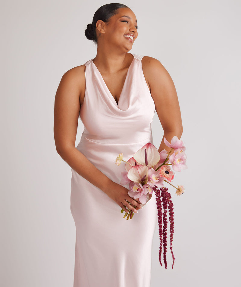 Cowl Front Satin Bridesmaid Dress - Pale Pink