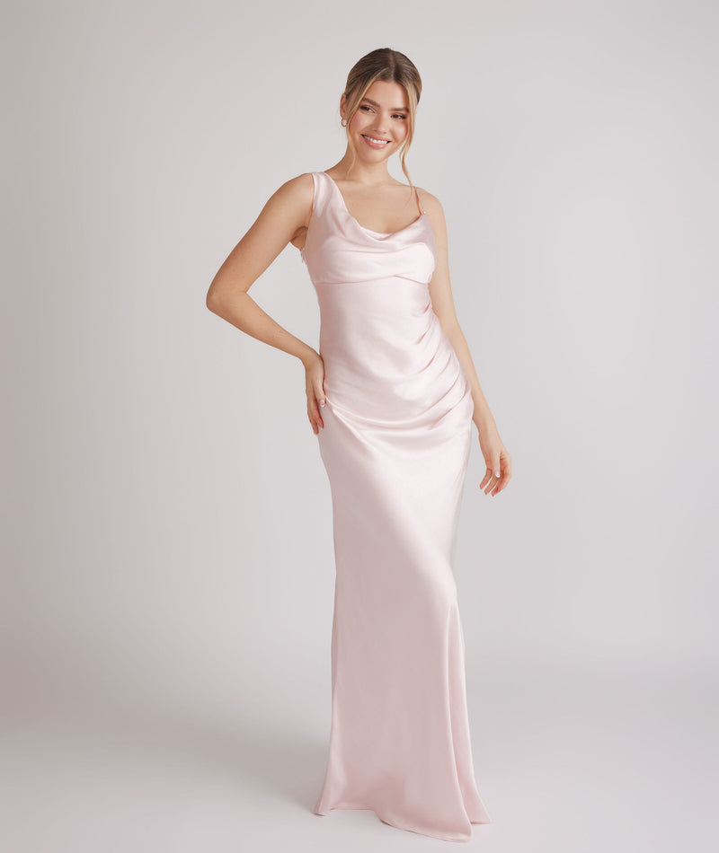 Cowl Front Asymmetrical Satin Bridesmaid Dress - Pale Pink