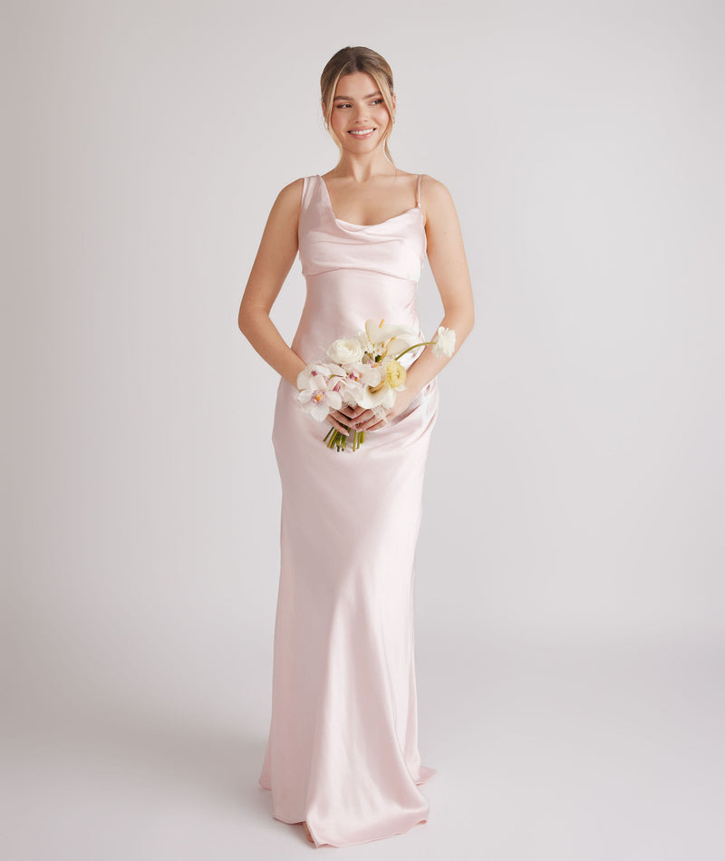 Cowl Front Asymmetrical Satin Bridesmaid Dress - Pale Pink