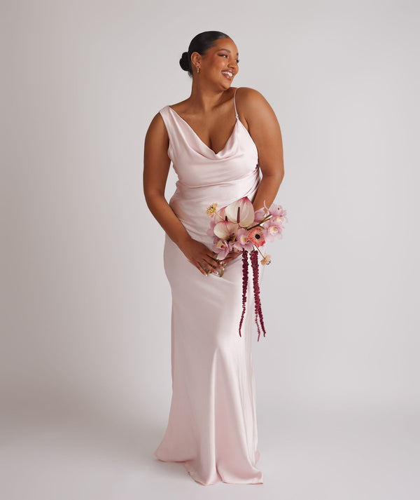 Cowl Front Asymmetrical Satin Bridesmaid Dress - Pale Pink