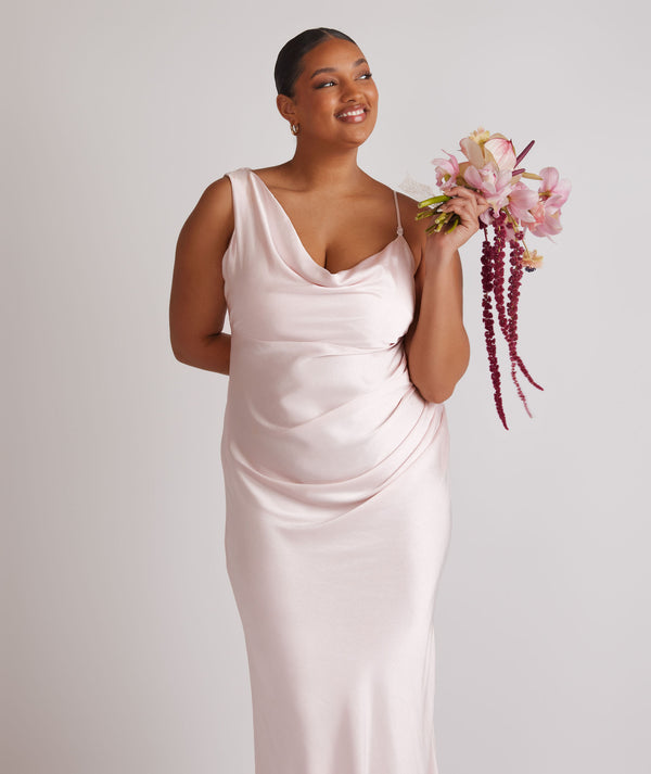 Cowl Front Asymmetrical Satin Bridesmaid Dress - Pale Pink