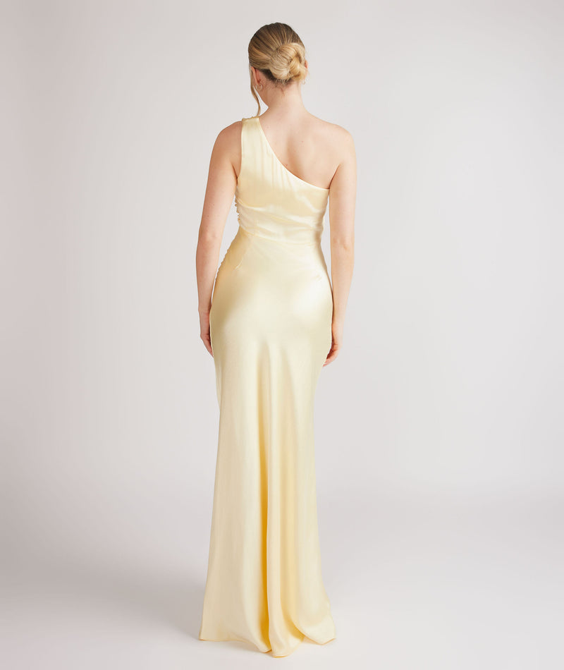 One Shoulder Gathered Satin Bridesmaid Dress - Butter Lemon