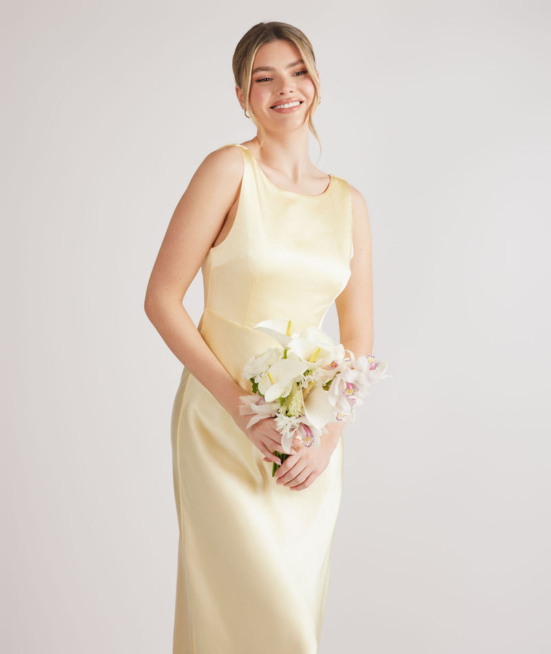 Cowl Back Satin Bridesmaid Dress - Butter Lemon