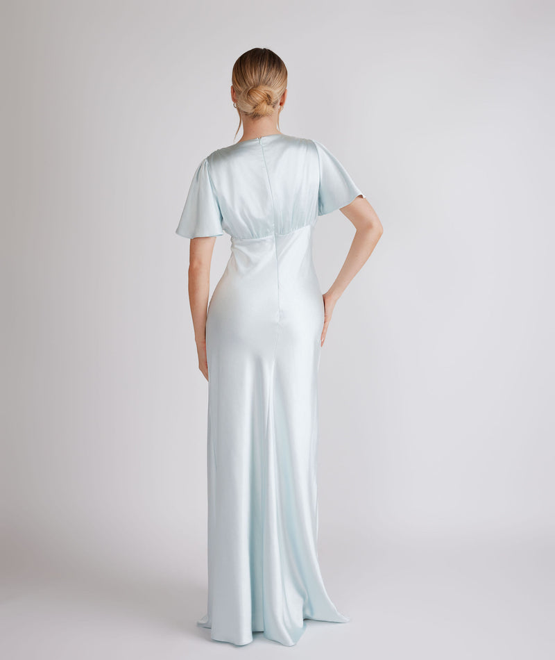 Gathered Bust Flutter Sleeve Satin Bridesmaid Dress - Ice Blue