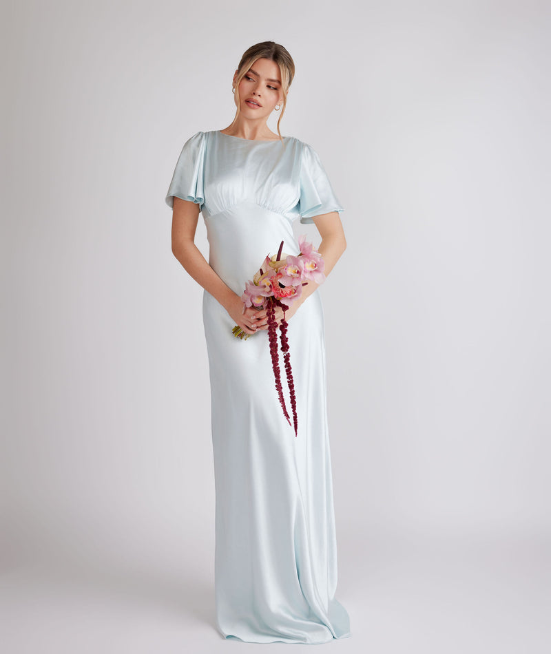 Gathered Bust Flutter Sleeve Satin Bridesmaid Dress - Ice Blue