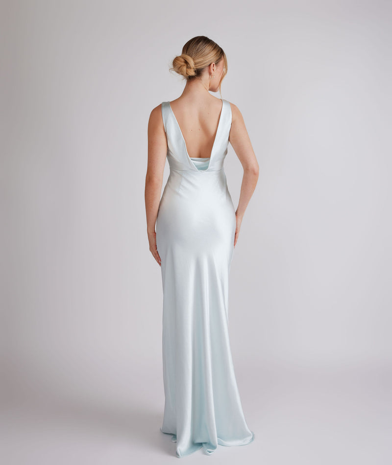 Cowl Back Satin Bridesmaid Dress - Ice Blue