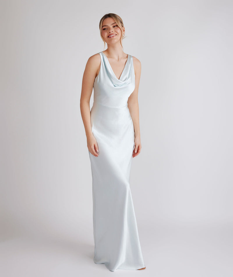 Cowl Front Satin Bridesmaid Dress - Ice Blue