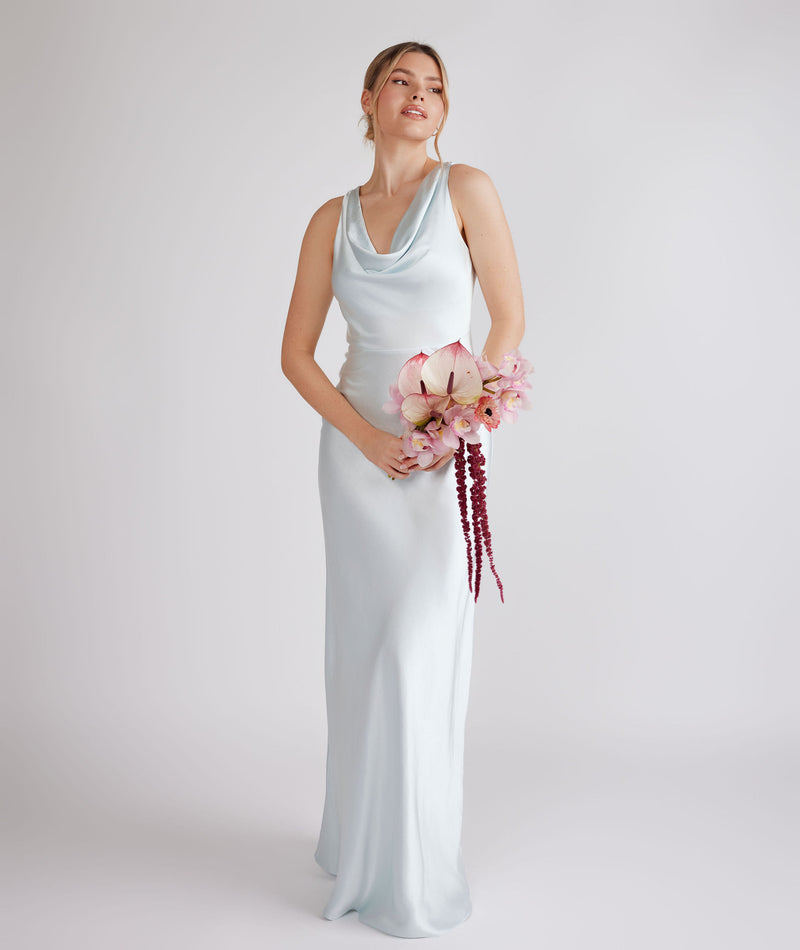 Cowl Front Satin Bridesmaid Dress - Ice Blue